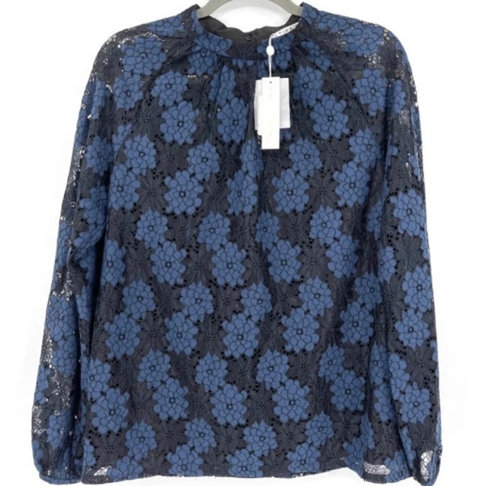 Trina Turk Navy Lace Floral Embroidered Vodka Top Balloon Sleeves NWT Women.